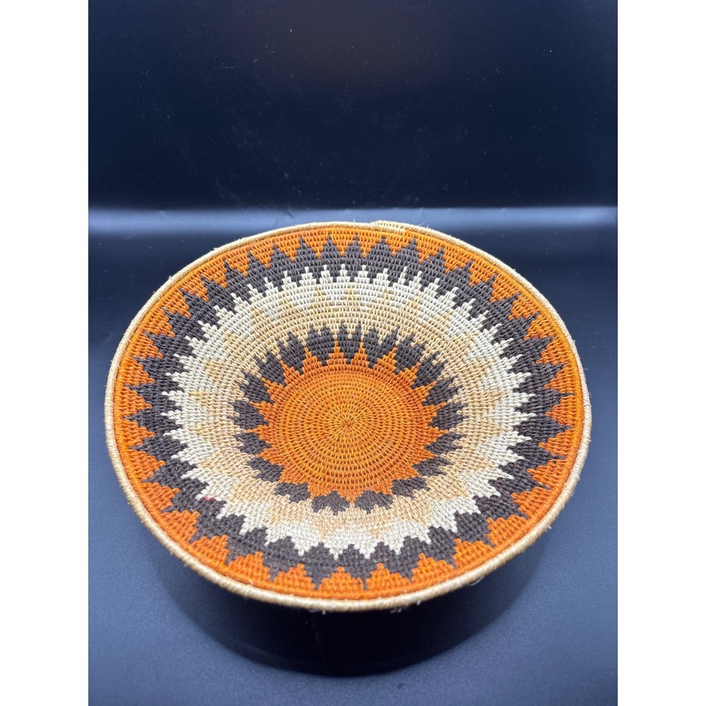 Hand Woven Basket Bowl Orange Brown Geometric Art 6.5in